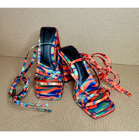 ASOS Design Colorful Orange Blue Heels Strappy Square Toe Tie Up High Heel - Picture 1 of 12